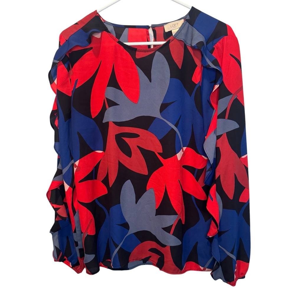 Loft Womens Colorful Red Blue Leaf Print Ruffle Long Sleeve Top Size M